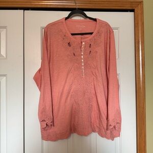 Soft Surroundings Pink Floral Embroidered Top Womens Artsy Boho Cottagecore